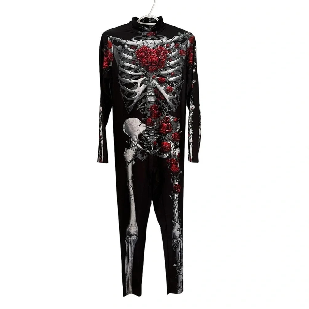 Skeleton Rose Print Scary Costume Black Skinny Jumpsuit Bodysuit Halloween XL - Picture 9 of 9